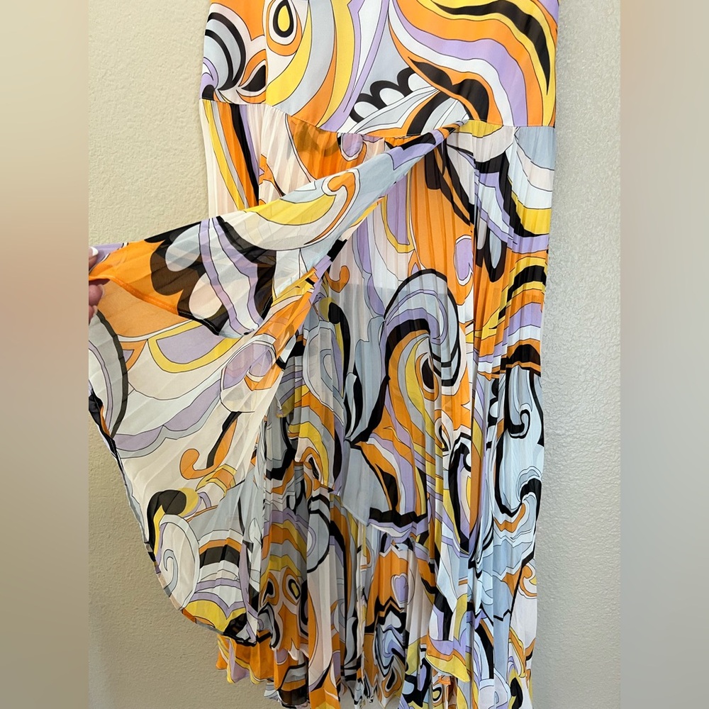 Marciano Orange and Purple Abstract High Low Pleated Flowy Maxi Skirt Size S - Picture 4 of 15